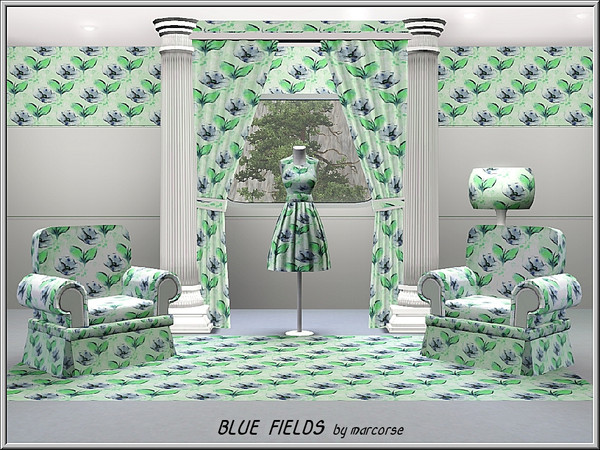 Sims 3 — Blue Fields_marcorse by marcorse — Fabric pattern: all=over design of blue field flowers and green leaves.