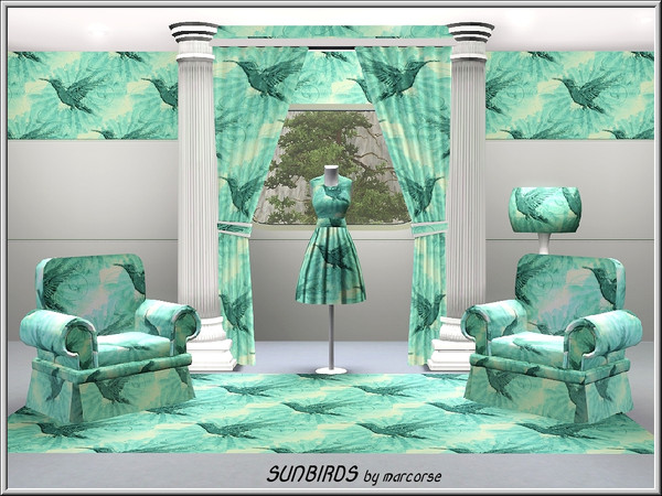 Sims 3 — Sunbirds_marcorse by marcorse — Themed pattern: blue hummingbirds against sun rays