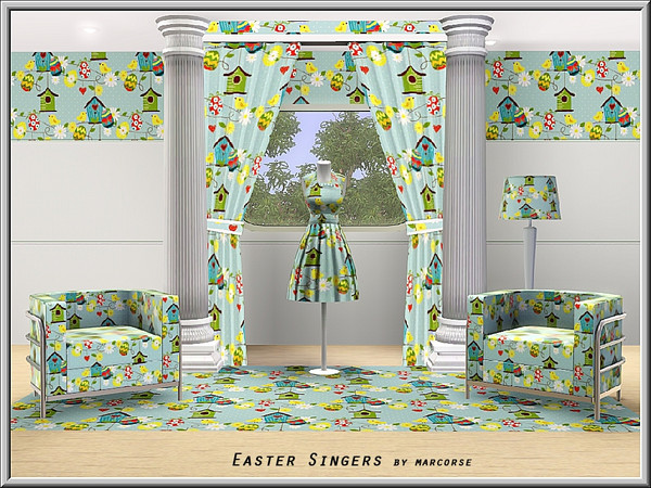 Sims 3 — EasterSingers_marcorse by marcorse — Themed pattern - singing birds, nest boxes and Easter eggs on strings . .
