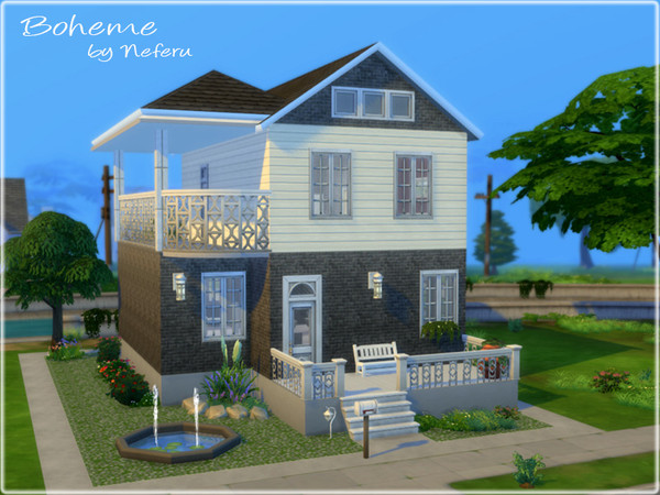 Sims 4 — Boheme by Neferu2 — Simple House with two floors and a small garden. On the ground floor we find a large living