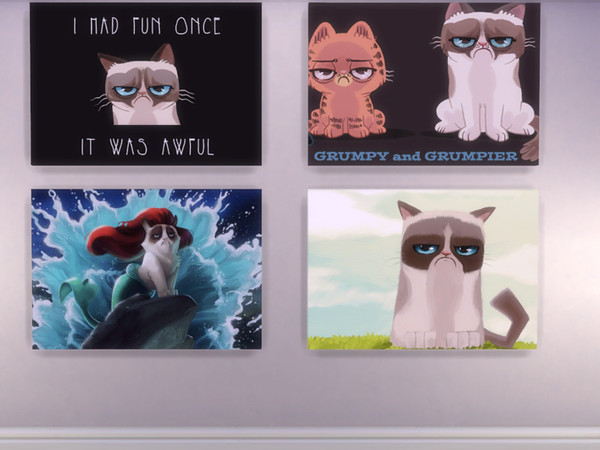 Sims 4 — Grumpy Cat Wall Decoration by Xrinna — Details: * Decorations | Wall Decoration * 4 Grumpy Cat Wall Decorations