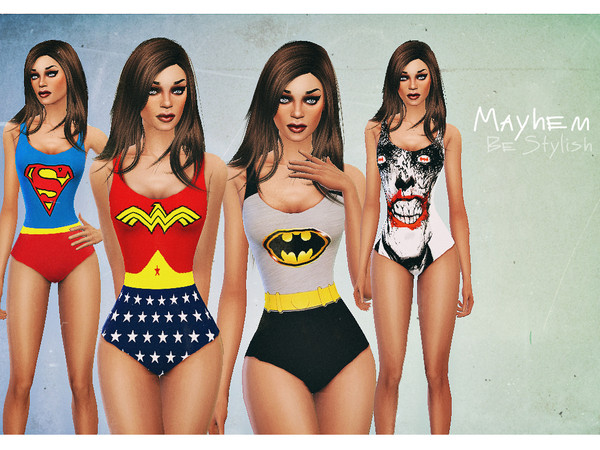 Sims 4 — DC Swimsuits by mayhem-sims — Creation includes 4 themes : 1. Batman 2. Superman 3. Joker 4. Wonder Woman 