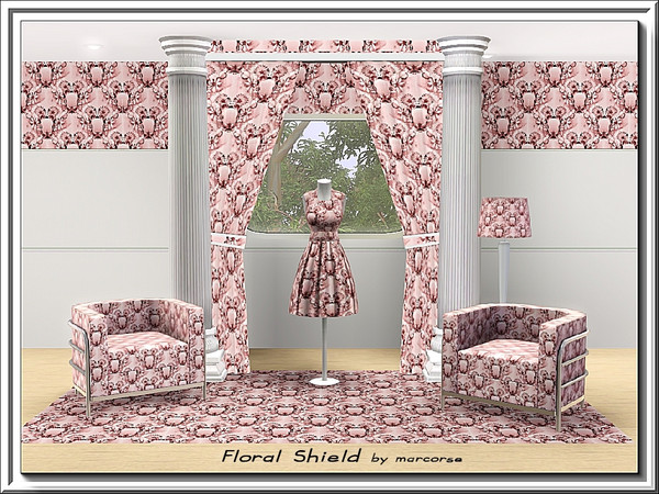 Sims 3 — Floral Shield_marcorse by marcorse — Fabric pattern: flower and shield shapes in a regular repeat desig in pink