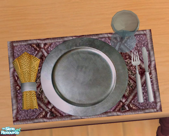 Sims 2 — Use-able Formal Place-setting - RC 5 by Simaddict99 — Yellow and cool lilac purple teamed with pewter.