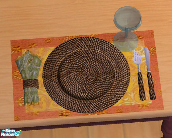 Sims 2 — Use-able Formal Place-setting - RC 4 by Simaddict99 — Warm golden yellow, salmon and teal teamed with natural