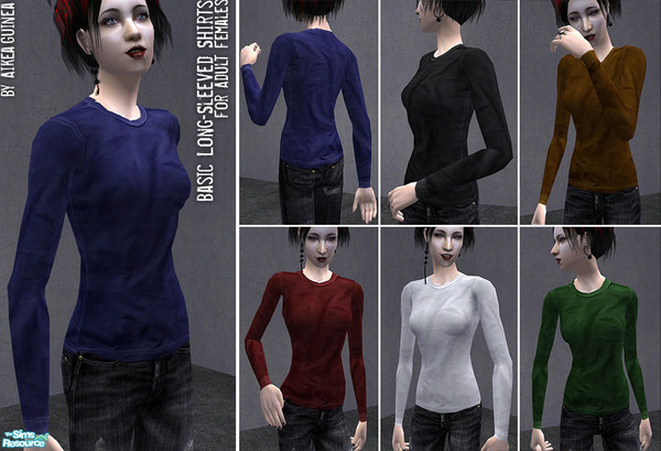 Sims 2 — Basic Long Sleeved T-Shirts by aikea_guinea — Set of plain long-sleeved T-shirts for adult females in six basic