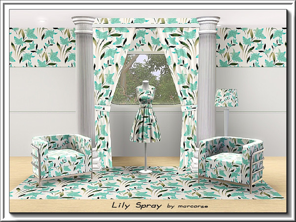 Sims 3 — Lily Spray_marcorse by marcorse — Fabric pattern: sprays of pale aqua lilies in an allover repeat design