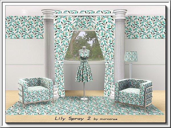 Sims 3 — Lily Spray 2_marcorse by marcorse — Fabric pattern: sprays of pale aqua lilies in an allover repeat design-