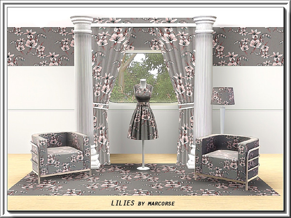 Sims 3 — Lilies_marcorse by marcorse — Fabric pattern: pale pink lilies and single hyacinth on grey