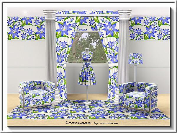 Sims 3 — Crocuses_marcorse by marcorse — Fabric pattern stylised blue crocus flowers on white.