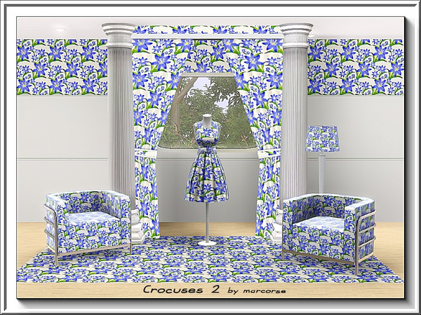 Sims 3 — Crocuses2_marcorse by marcorse — Fabric pattern - stylised blue crocus blooms on white - small format.
