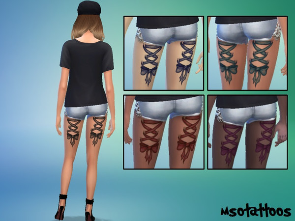 Sims 4 — Corset & Bow Thigh Tattoo by luvjake_ — It comes in 5 different colors and it matches all skintones. Tattoo