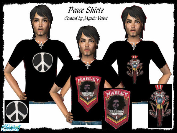 Sims 2 — Peace Shirts by MysticVelvet — A set of 3 black male t-shirts with various peace emblems printed on them.