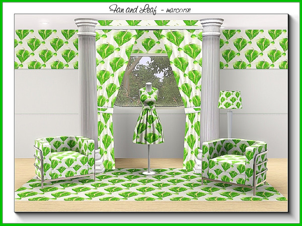 Sims 3 — Fan and Leaf_marcorse by marcorse — Fabric pattern: fan shapes decorated with leaves in yellow and green