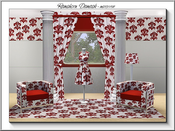 Sims 3 — Rams-horn Damask_marcorse by marcorse — Fabric pattern: classic ramshorn damask in red/brown