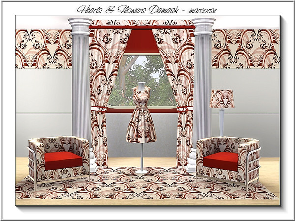 Sims 3 — Hearts & Flowers Damask_marcorse by marcorse — Fabric pattern: hearts and flowers damask design in red/brown