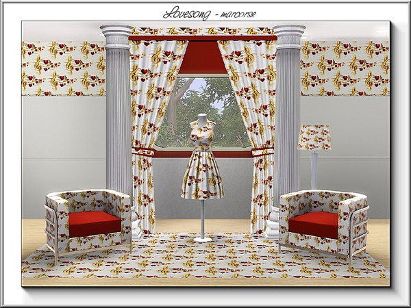 Sims 3 — Lovesong_marcorse by marcorse — Themed pattern: musical scale and hearts in red and gold on white.