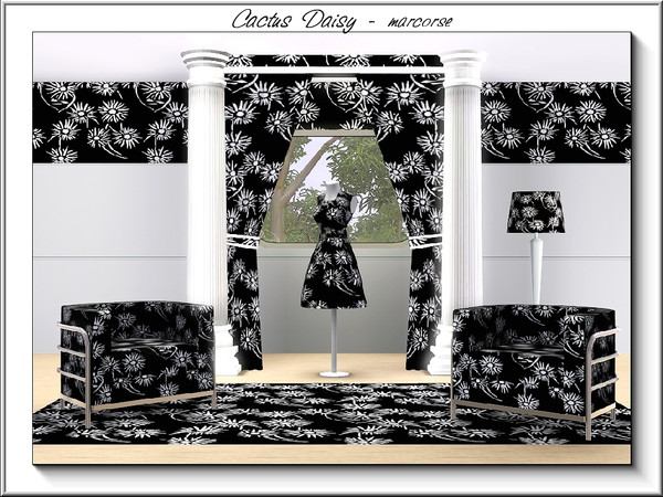 Sims 3 — Cactus Daisy_marcorse by marcorse — Fabric pattern: spiked daisy flowers in white on black