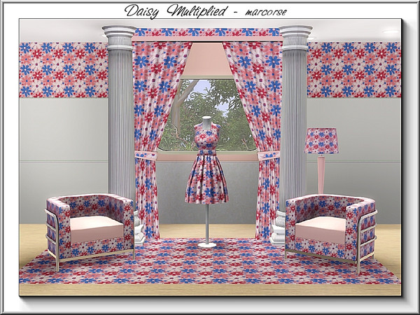 Sims 3 — Daisy Multiplied_marcorse by marcorse — Fabric pattern: multi-coloured daisy shapes in pink, blue,red and white.