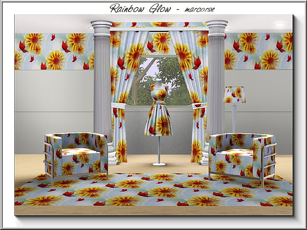 Sims 3 — Rainbow Glow_marcorse by marcorse — Fabric pattern gerberas and butterflies in a rainbow's glow.