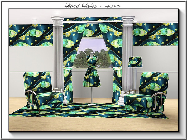 Sims 3 — Floral Fishes_marcorse by marcorse — Fabric pattern - stylised floral fish in shades of blue and green.