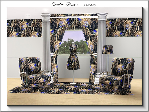 Sims 3 — Spider Flower_marcorse by marcorse — Abstract pattern stylised spider flowers in blue and white on black.