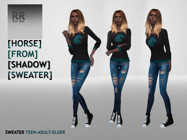 Sims 4 — (RR)Horse From Shadow Sweater by Rokisrokis2 — This is a black jumper with blue sleeves and a beautiful stylized