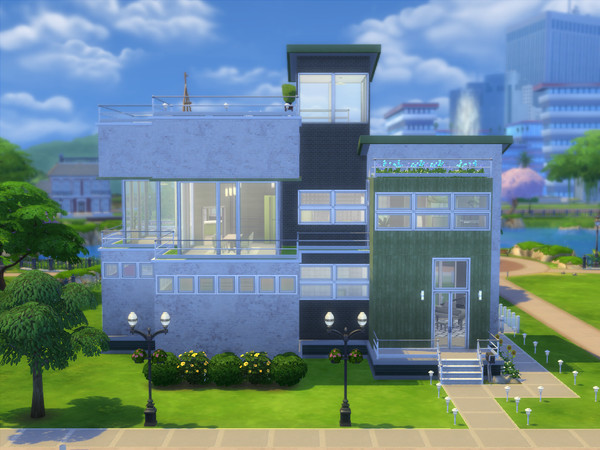 Sims 4 — Greenview Manor by Quietgirl — This sleek modern home features a beautiful patio with in-ground pool and a