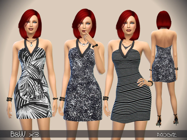 Sims 4 — B&W x3 by Paogae — Three black and white short dresses, in three different patterns. Categories: everyday,