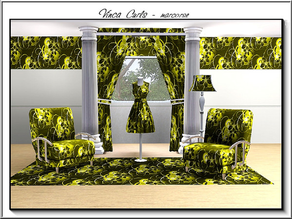 Sims 3 — Vinca Curls_marcorse by marcorse — Fabric pattern: vinca flowers and flourishes in yellow and khaki tones