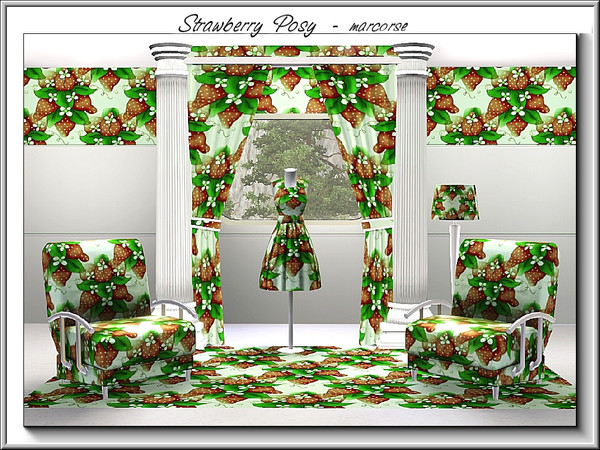 Sims 3 — Strawberry Posy_marcorse by marcorse — Fabric pattern: ripe red strawberrys, leaves and flowers in a posy
