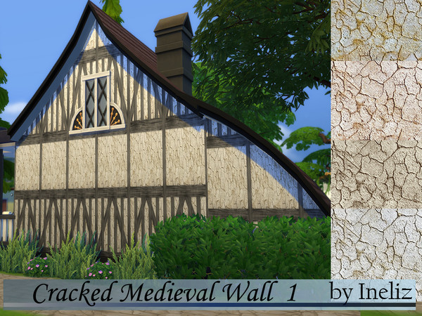 Sims 4 — Cracked Medieval Wall 1 by Ineliz — A cracked plaster wall with wooden planks. Part of the Cracked Medieval Wall