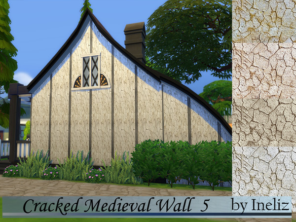 Sims 4 — Cracked Medieval Wall 5 by Ineliz — A cracked plaster wall with wooden planks. Part of the Cracked Medieval Wall