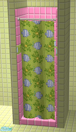 Sims 2 — Hester's Shower by ImmeK — A cheap shower with a colourful fish curtain, backed by a medium pink tile wall with