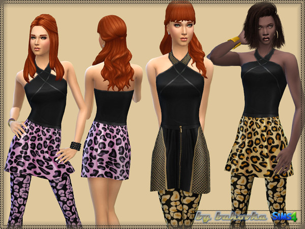 Sims 4 — Set:Color Leopard & Grid by bukovka — A set of clothing for women. Slightly extended skirt, original neck.