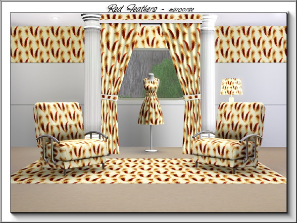 Sims 3 — Red Feathers_marcorse by marcorse — Themed pattern: groups of red feathers on yellow