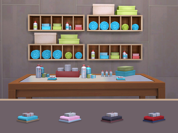 Sims 4 — Soap and Towel by soloriya — A bar of handmade soap and a small towel on a wooden tray. Part of Bathroom Decor