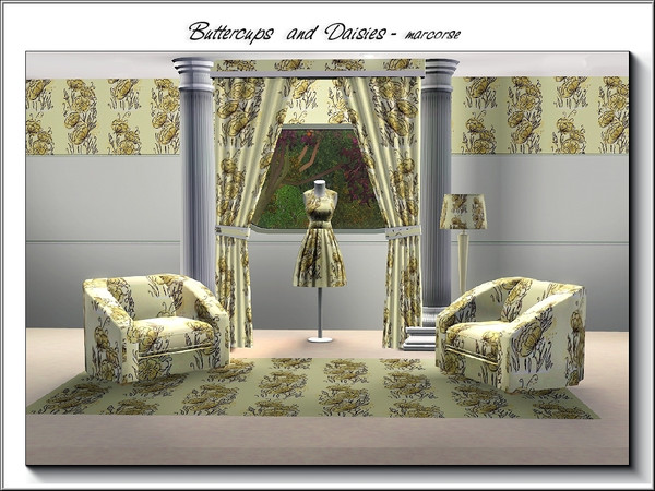 Sims 3 — Buttercups and Daisies_marcorse by marcorse — Fabric pattern: pale yellow buttercups and double daisies with
