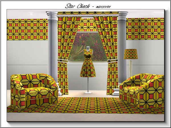 Sims 3 — Star Check_marcorse by marcorse — Geometric pattern: floral star check in pink and yellow