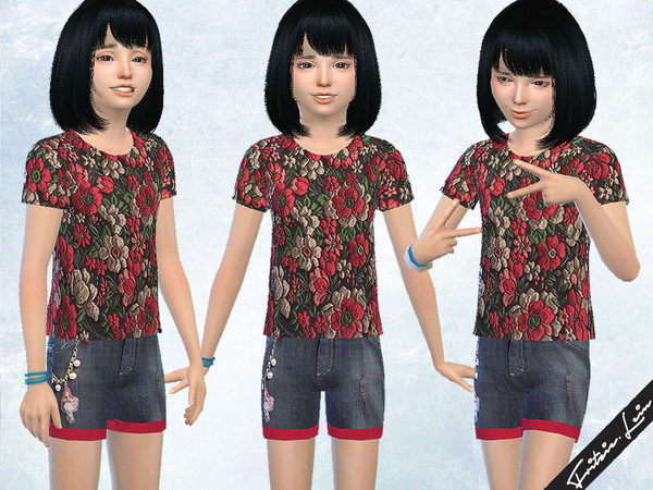 Sims 4 — Denim shorts and floral blouse by FritzieLein — This set includes a pair of denim shorts and a floral blouse. I
