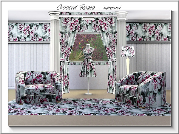 Sims 3 — Crossed  Roses_marcorse by marcorse — Fabric pattern: crossed diagonal design of pale pink roses and foliage.