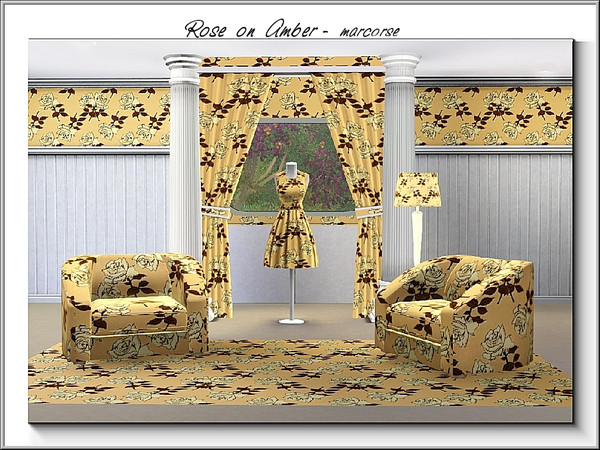 Sims 3 — Rose on Amber_marcorse by marcorse — Fabric pattern: ivory roses on amber