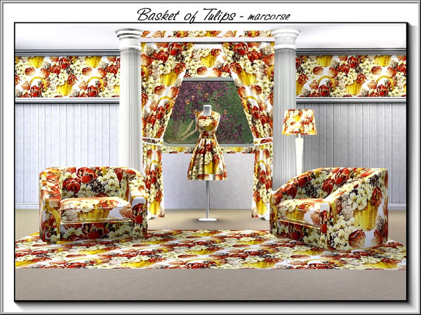 Sims 3 — Basket of Tulips_marcorse by marcorse — Fabric pattern: full bloom red and white tulips in a yellow basket.