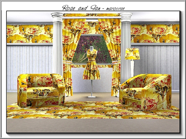 Sims 3 — Rose and Fan_marcorse by marcorse — Fabric pattern: pink rose and gold fan in a regular repeat design on yellow.