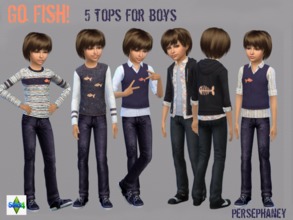 Sims 4 — Go Fish! Boys Shirt Set by Persephaney — Five shirts for boys in three files featuring goldfish motif and blue