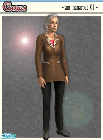 Sims 2 — am_nanacoat_01 by Cruella — Brown taylored coat with animal print trim and black pants.