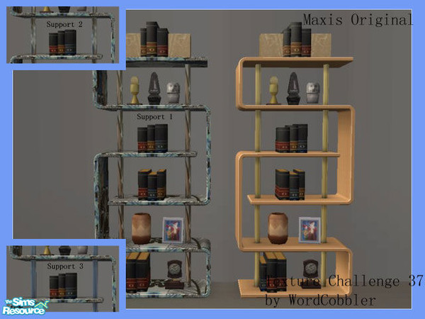 Sims 2 — WC-TC37 - bookcase recolor 3 by WordCobbler — Texture is by minsmusic for Texture Challenge 37. This is the