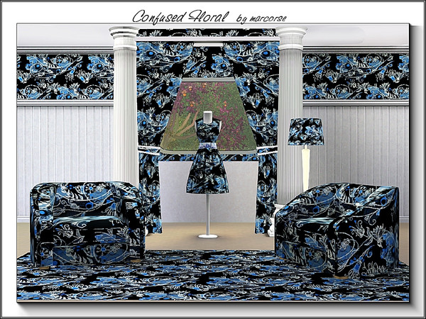 Sims 3 — Confused Floral_marcorse by marcorse — Fabric pattern: confused, abstract floral design in black, blue and
