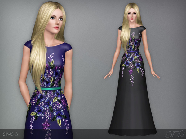 Sims 3 — Multicolored embroidered dress by BEO — Multicolored embroidered dress presented in 2 variants. Recolorable 2