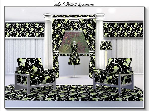Sims 3 — Tulip Flutters_marcorse by marcorse — Fabric pattern: butterflies and tulips in yellow on black.